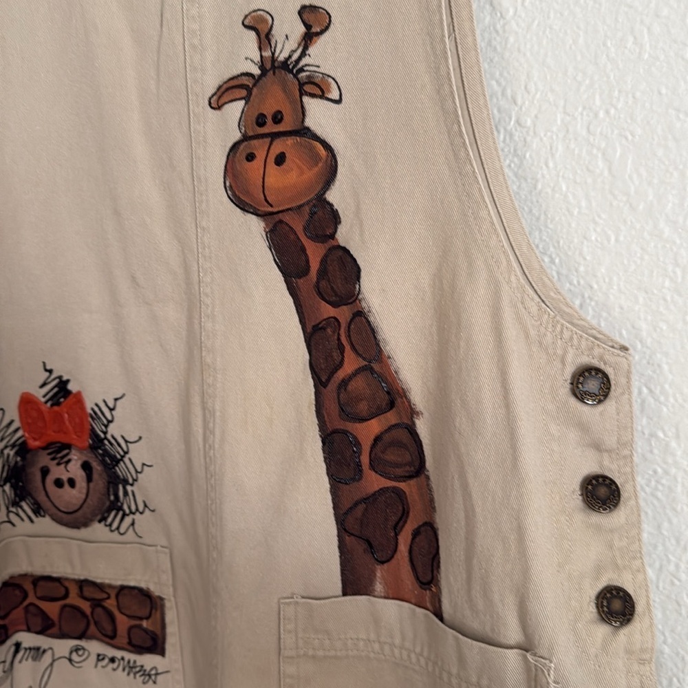 Vintage 90s Haik’s Khaki Hand-painted Giraffe Denim Shortalls Jumper Medium - Picture 2 of 8